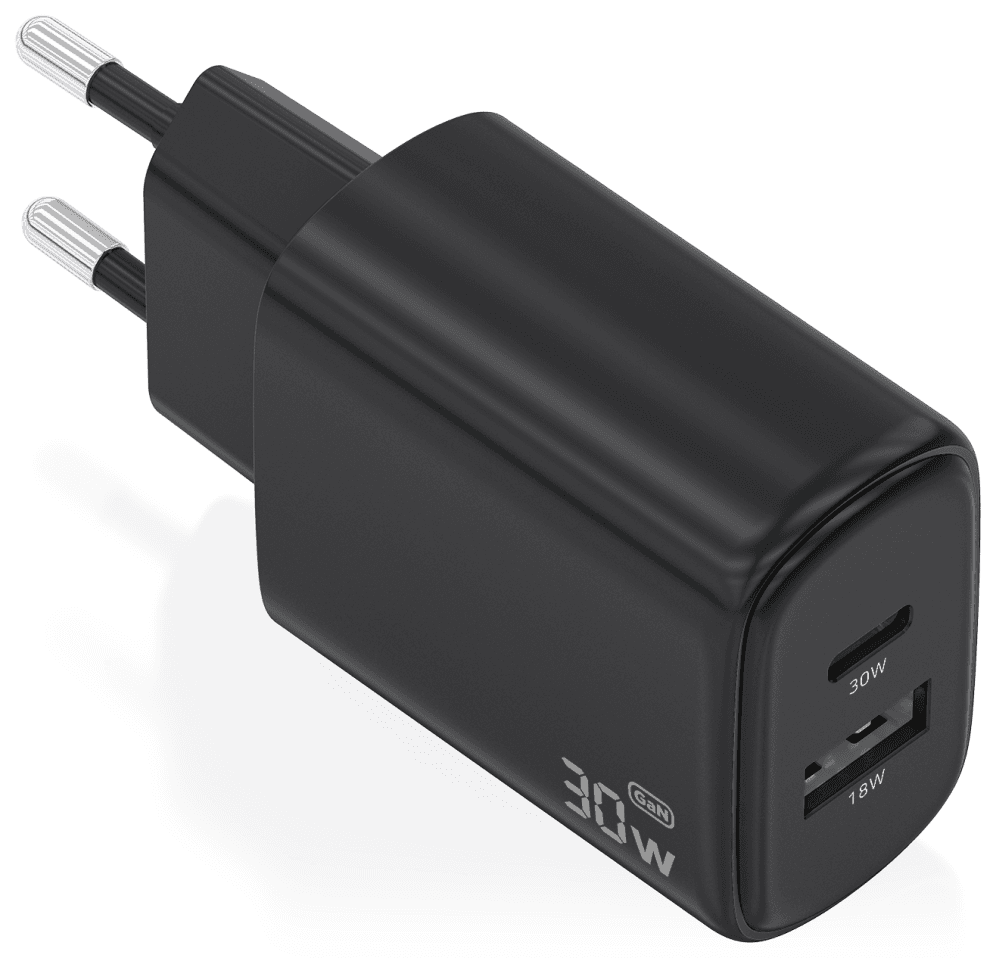 AISENS Cargador GaN 30W, 1xUSB-C PD3.0 QC4.0, 1xUSB-A QC3.0, Negro