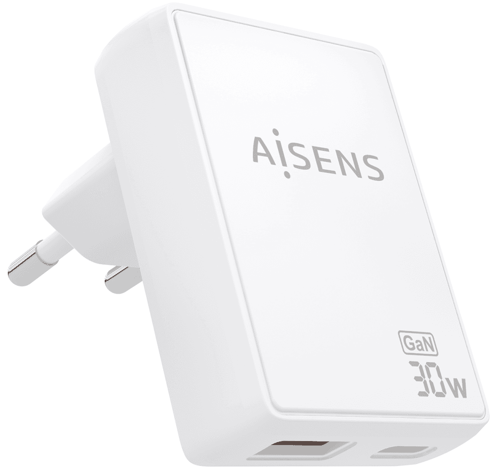 AISENS Cargador De Pared GaN Ultra Delgado 30W, 1xUSB-C PD3.0 QC4.0, 1xUSB-A QC3.0, Blanco