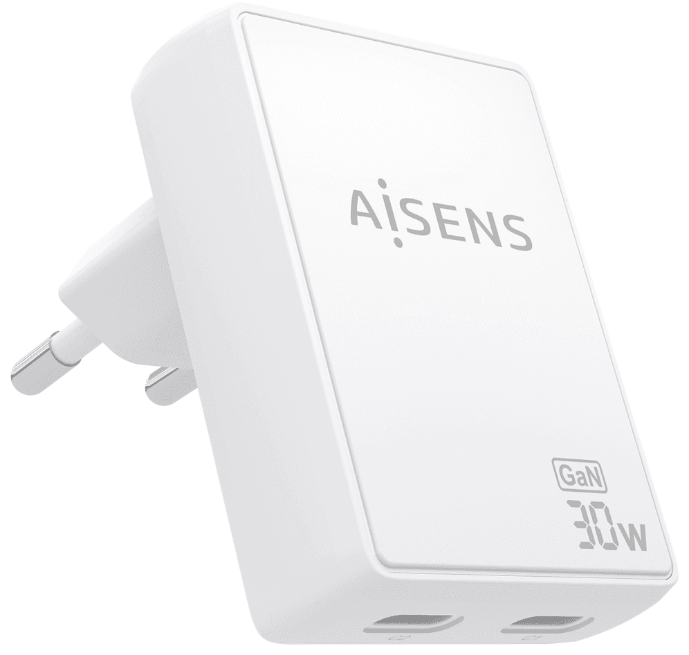 AISENS Cargador De Pared GaN Ultra Delgado 30W, 2xUSB-C PD3.0 QC4.0, Blanco