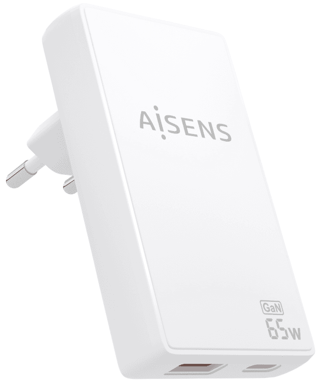 AISENS Cargador De Pared GaN Ultra Delgado 65W, 1xUSB-C PD3.0 QC4.0, 1xUSB-A QC3.0, Blanco