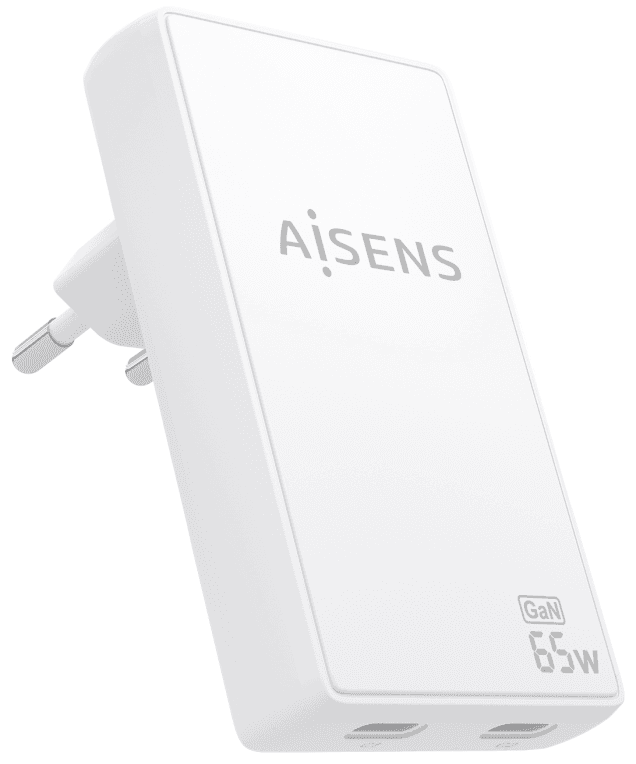 AISENS Cargador De Pared GaN Ultra Delgado 65W, 2xUSB-C PD3.0 QC4.0, Blanco