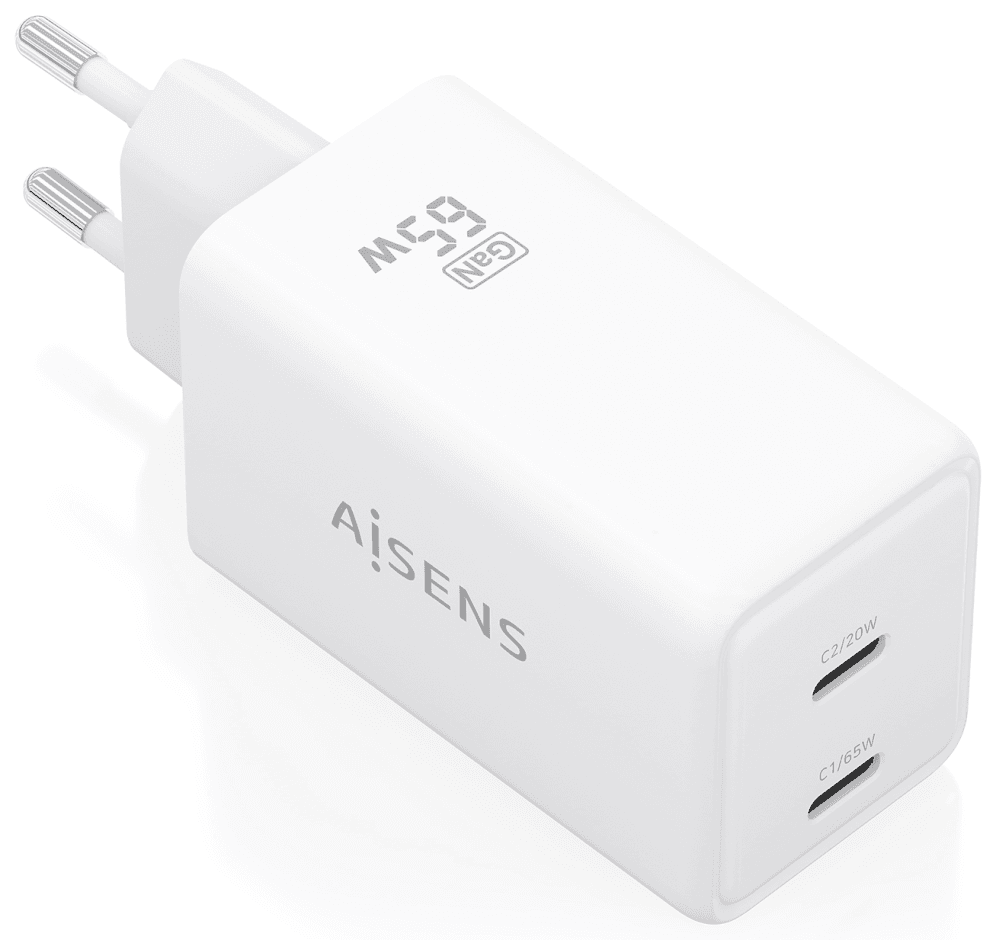 AISENS Cargador GaN 65W, 2xUSB-C PD3.0 QC4.0, Blanco
