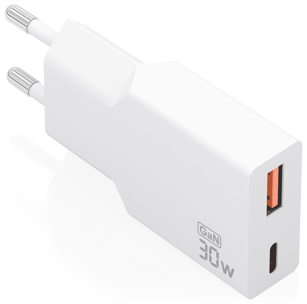 AISENS Cargador Ultra Delgado GaN 30W, 1xUSB-C PD3.0 QC4.0, 1xUSB-A QC3.0, Blanco