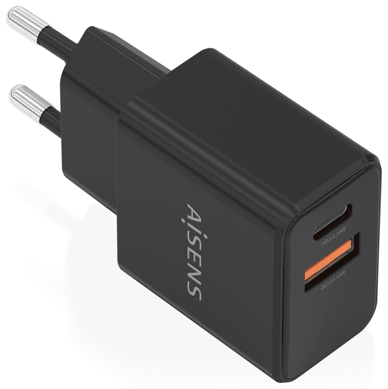 AISENS Cargador GaN 20W, 1xUSB-C PD3.0, 1xUSB-A QC3.0, Negro