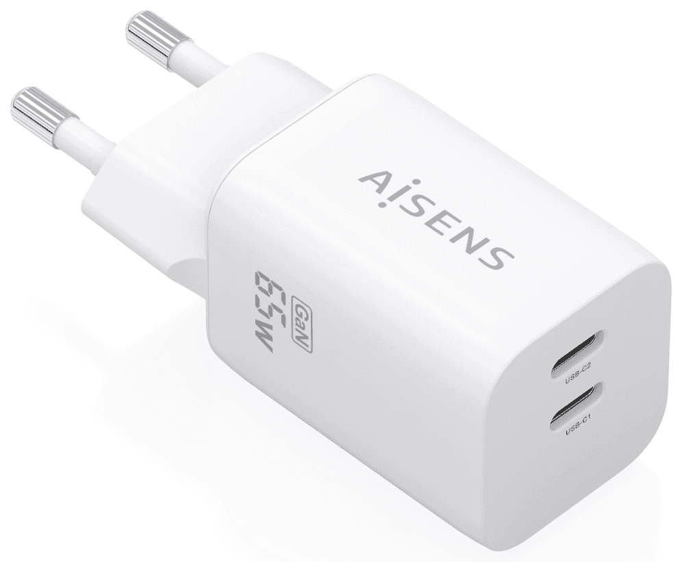 AISENS Cargador GaN 65W, 2xUSB-C PD3.0 QC4.0, Blanco