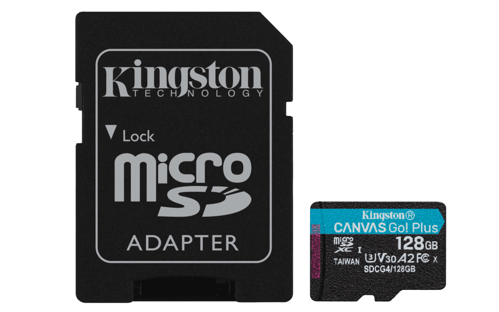 Kingston Technology Tarjeta microSDXC Canvas Go Plus Gen4 de 128 GB, 200 MB/s, A2 U3 V30 y adaptador