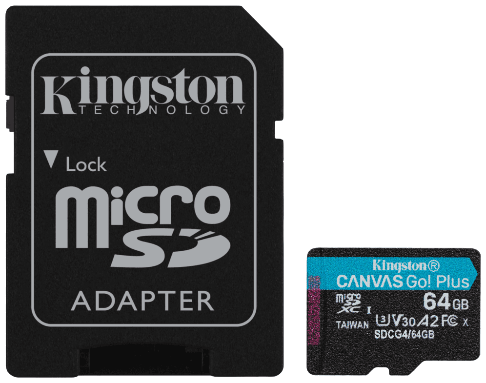 Kingston Technology Tarjeta microSDXC Canvas Go Plus Gen4 de 64 GB, 200 MB/s, A2 U3 V30 y adaptador