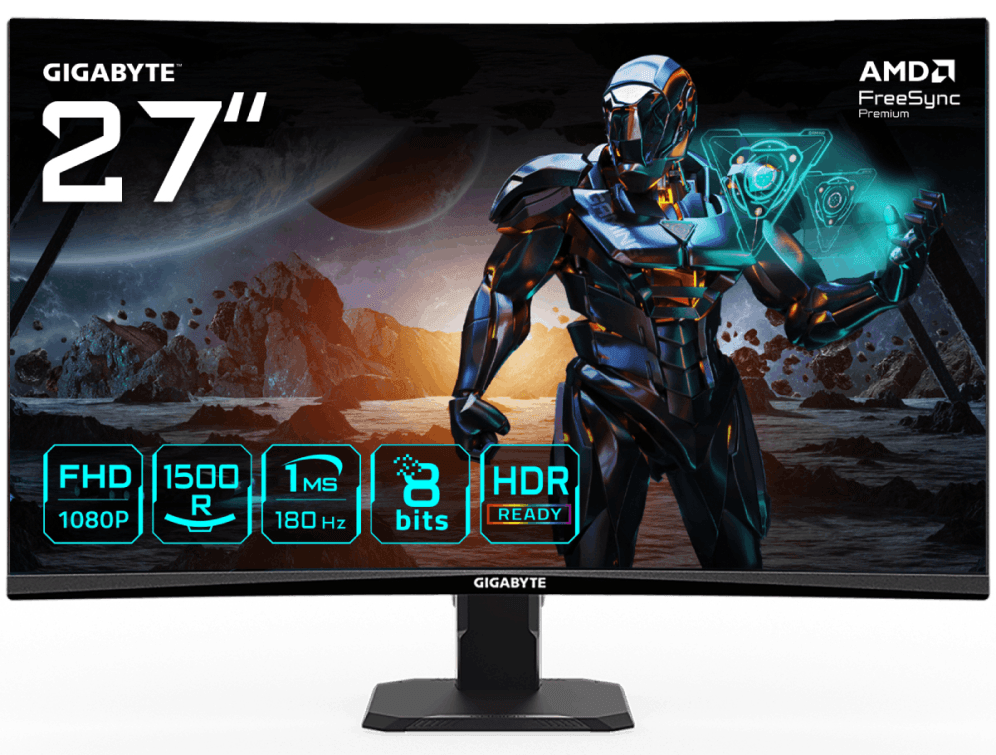 GIGABYTE GS27FC Monitor gaming curvo 27" FHD - 1920 x 1080, 180Hz, 1ms, 250 cd/m², FreeSync Premium, HDR Ready, HDMI 2.0, DisplayPort 1.4