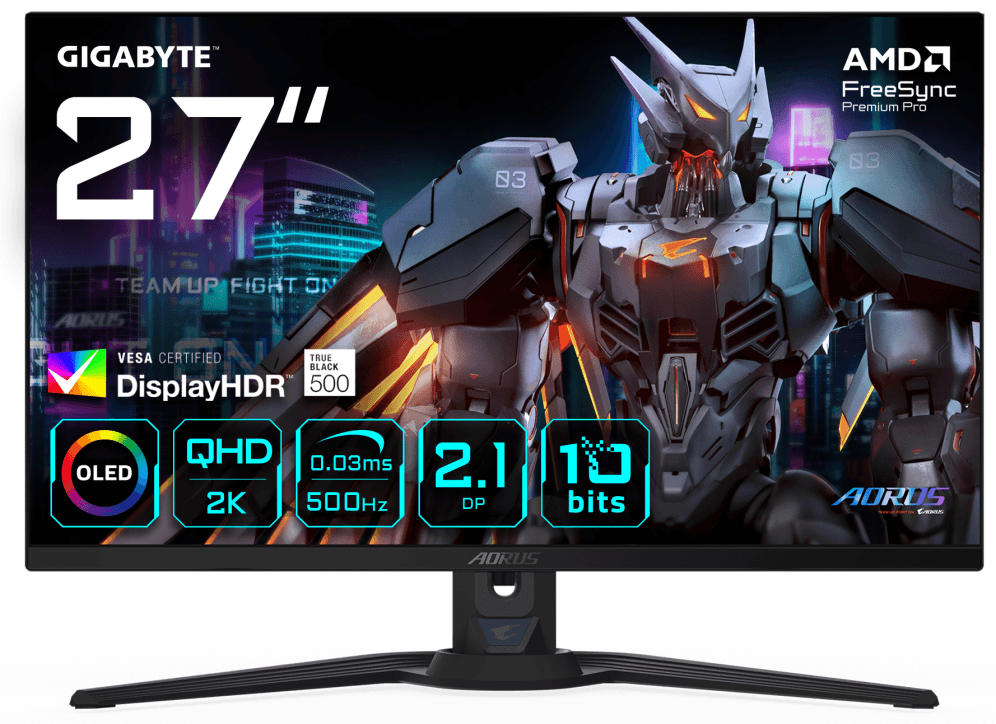 GIGABYTE AORUS FO27Q5P Monitor Gaming OLED QHD – 2560 x 1440, 500Hz, 0,03ms, KVM, 300 cd/m², FreeSync Premium Pro, DisplayHDR True Black 500, DisplayPort 2.1