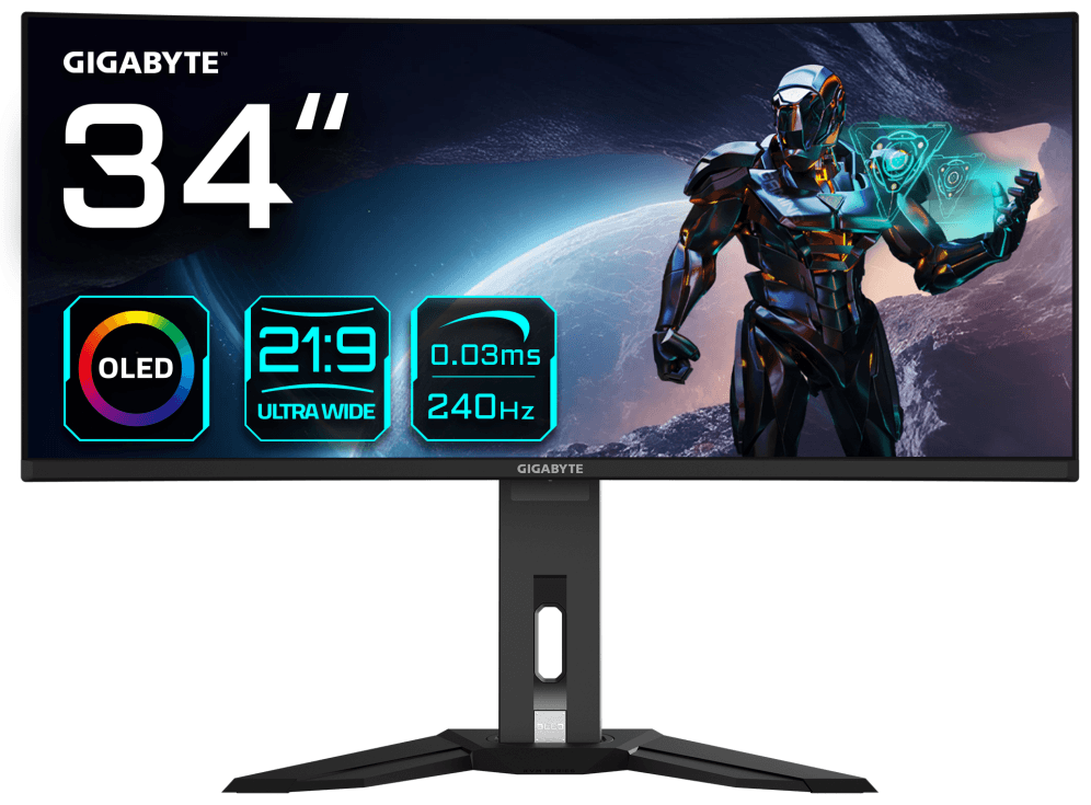 GIGABYTE Monitor de juegos curvo OLED WQHD MO34WQC2 de 34" - 3440 x 1440, 240Hz, 0.03ms, KVM, 250 cd/m², FreeSync Premium Pro, DisplayHDR True Black 400, HDMI 2.1, Displayport 1.4