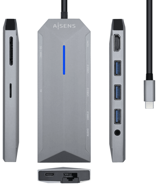 AISENS USB-C Dock 9 en 1, USB-C a 1x HDMI, 1xRJ45, 3x USB, 1x PD, 1x Audio, 1x SD, 1x Micro SD, Gris, 15 cm