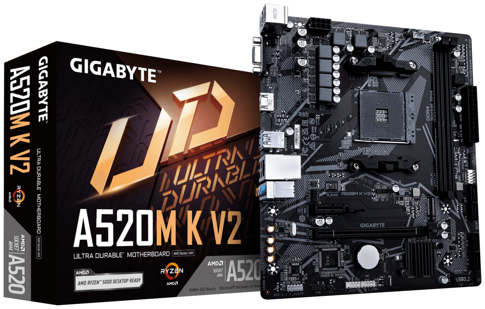 GIGABYTE Placa base A520M K V2 - Compatible con CPUs AMD Ryzen serie 5000 AM4, hasta 5100MHz DDR4 (OC), PCIe Gen3 x4 M.2, LAN GbE, USB 3.2 Gen 1