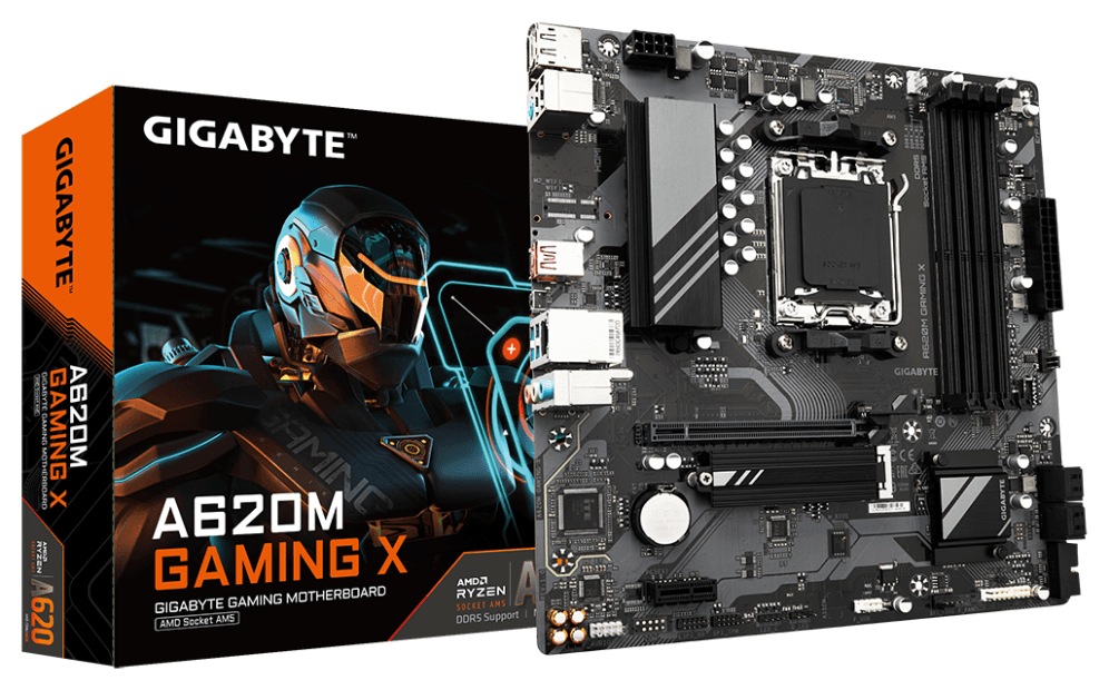GIGABYTE A620M GAMING X Placa base - Soporta CPUs AMD Ryzen 8000, VRM digital de 8+2+1 fases, hasta 8000MHz DDR5 (OC), 1xPCIe 4.0 M.2, LAN GbE, USB 3.2 Gen 2