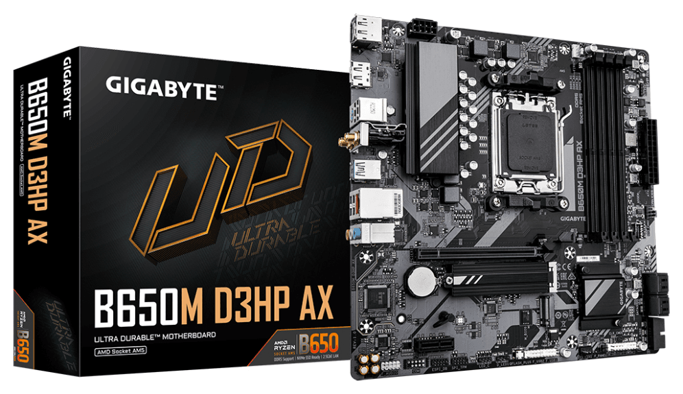 GIGABYTE B650M D3HP AX Placa base - AMD Ryzen serie 9000, VRM de 5+2+2 fases, hasta 8000 MHz DDR5 (OC), 2xPCIe 4.0 M.2, WIFI 6E, LAN 2,5 GbE, USB 3.2 Gen 1