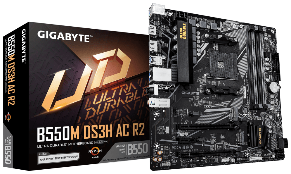 GIGABYTE B550M DS3H AC R2 Placa base - Procesadores AMD Ryzen 5000, VRM de 5+3 fases, hasta 4733 MHz DDR4 (O.C.), 1x M.2 PCIe 4.0 + 1x M.2 PCIe 3.0, Wi-Fi 5, LAN 1 GbE, USB 3.2 Gen 1