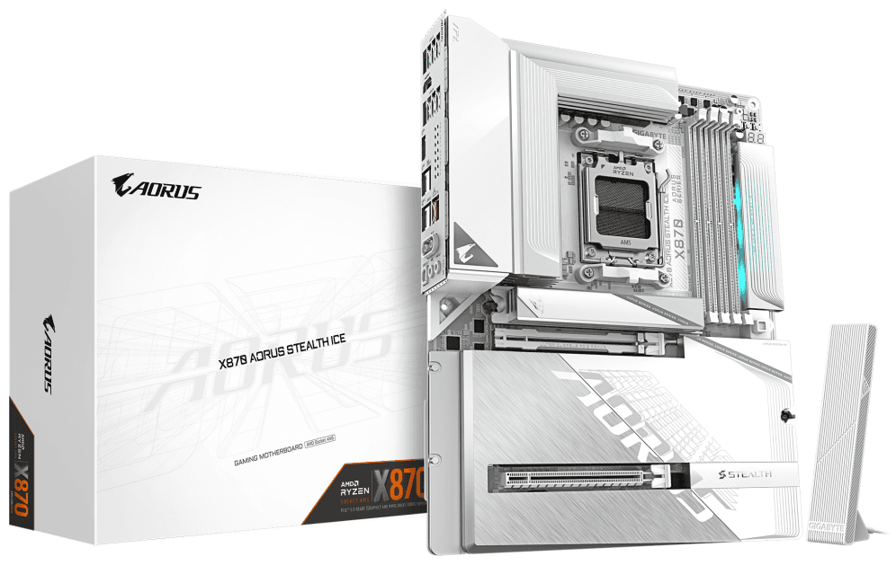 GIGABYTE X870 AORUS STEALTH ICE Placa Base – Compatible con procesadores AMD Ryzen 9000, VRM digital de 16+2+2 fases, hasta 8200 MHz DDR5 (OC), 2 x PCIe 5.0 + 2 x PCIe 4.0, Wi-Fi 7, LAN 5 GbE, USB 4
