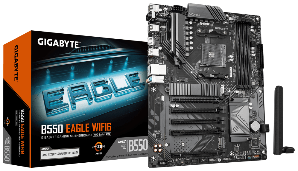 GIGABYTE B550 EAGLE WIFI6 Placa base - Procesadores AMD Ryzen serie 5000 G, VRM de 10+3+1 fases, hasta 3200 MHz DDR4, 1xPCIe 4.0 + 1xPCIe 3.0 M.2, LAN 1GbE, WIFI 6, USB 3.2 Gen 2