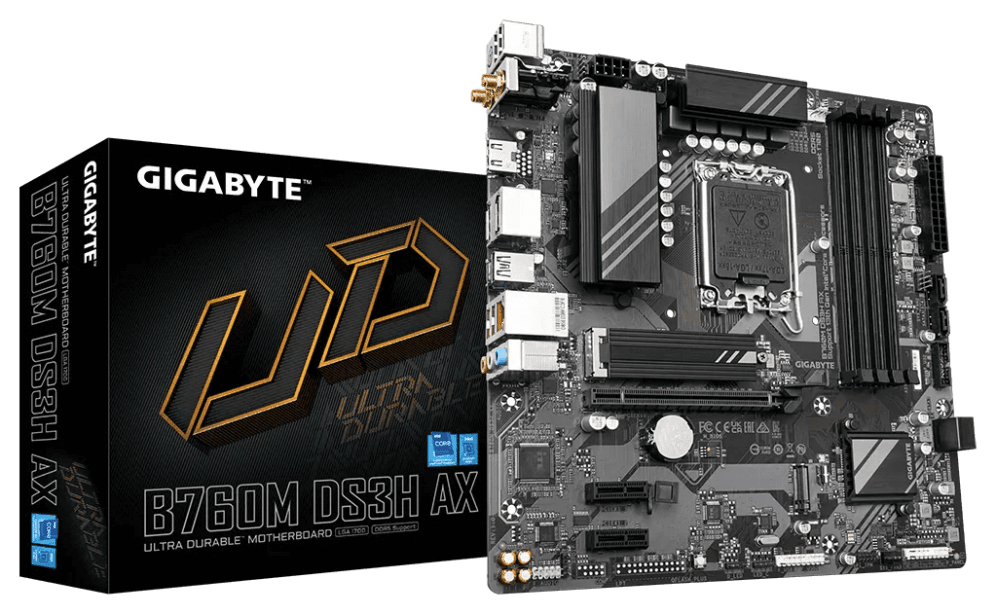GIGABYTE B760M DS3H AX Placa Base - Compatible con procesadores Intel Core de 14ª generación, VRM digital de 6+2+1 fases, hasta 7600MHz DDR5 (OC), 2x PCIe 4.0 M.2, Wi-Fi 6E, LAN 2.5GbE, USB 3.2 Gen 2