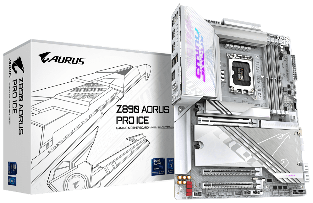 GIGABYTE Placa base Z890 AORUS PRO ICE - Compatible con CPUs Intel Core Ultra (Serie 2), VRM de 16+1+2 fases, hasta 9500MHz DDR5 (OC), 1xPCIe 5.0 + 4xPCIe 4.0, Wi-Fi 7, LAN 5GbE, Thunderbolt 4