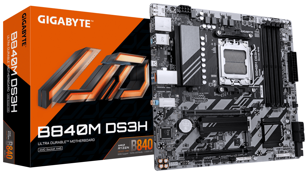 GIGABYTE B840M DS3H Placa base - Procesadores AMD Ryzen 9000, VRM de 8+2+2 fases, hasta 8200 MHz DDR5, 2xPCIe 4.0 M.2, LAN 2.5GbE, USB 3.2 Gen 1
