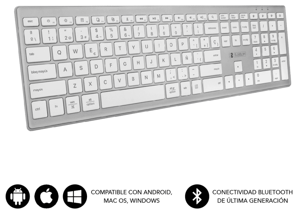 SUBBLIM Teclado Completo delgado inalámbrico Bluetooth Pure Extended Silver