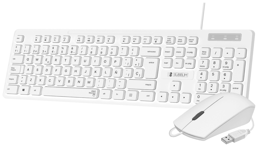 SUBBLIM Teclado Ergonómico y ratón Combo Business Slim Silencioso con cable USB Blanco