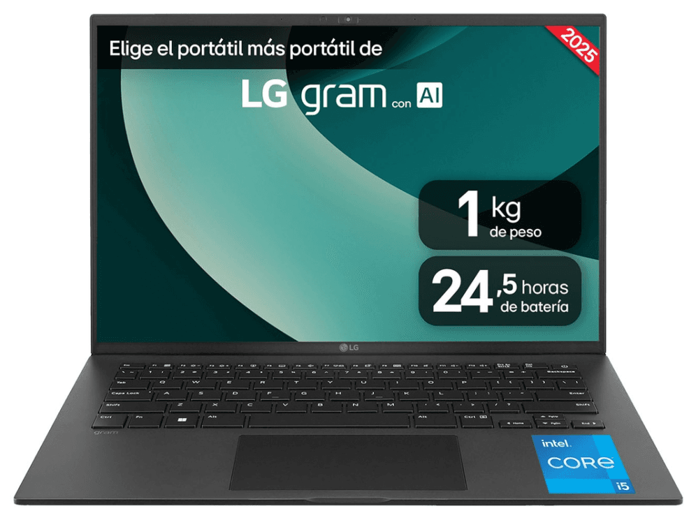 LG Gram Intel® Core™ i5 i5-1334U Portátil 35,6 cm (14") WUXGA 8 GB LPDDR4x-SDRAM 256 GB SSD Wi-Fi 6E (802.11ax) FreeDOS Negro QWERTY Español