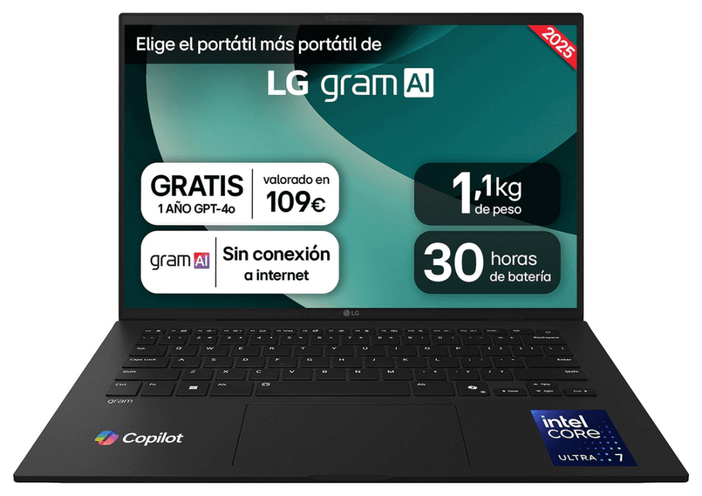 LG Gram 14ZD90T-G.AX88B ordenador portatil Intel Core Ultra 7 255H Portátil 35,6 cm (14") WUXGA 32 GB LPDDR5x-SDRAM 1 TB SSD Wi-Fi 6E (802.11ax) FreeDOS Español Negro