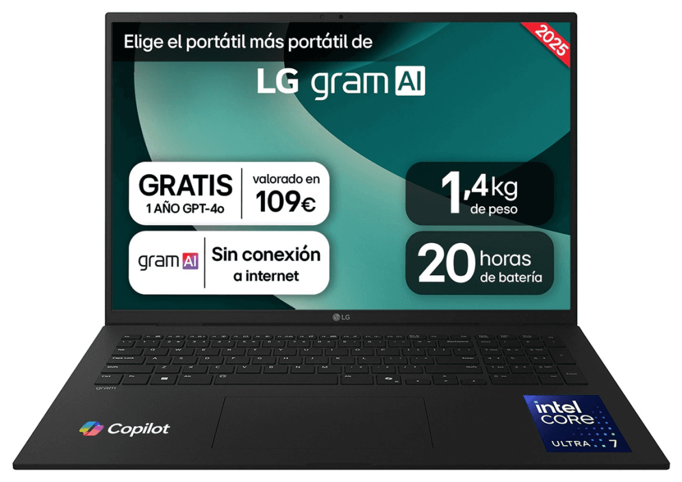 LG Gram 17ZD90T-G.AX88B ordenador portatil Intel Core Ultra 7 255H Portátil 43,2 cm (17") WQXGA 32 GB LPDDR5x-SDRAM 1 TB SSD Wi-Fi 7 (802.11be) FreeDOS Español Negro