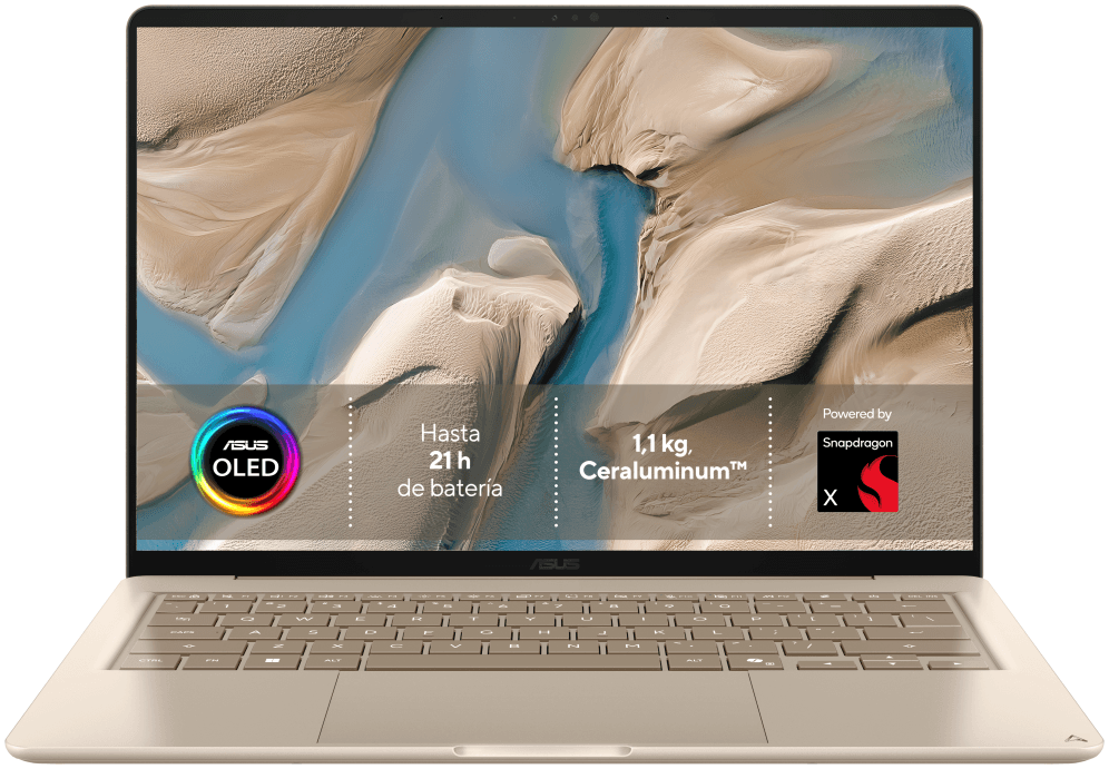 ASUS Zenbook 14 OLED UX3480QA-U1223W Copilot+ PC - Ordenador Portátil " WUXGA (Snapdragon X1-26-100, 16GB RAM, 256GB SSD, Adreno GPU, Windows 11 Home) Beige Zabriskie - Teclado QWERTY español