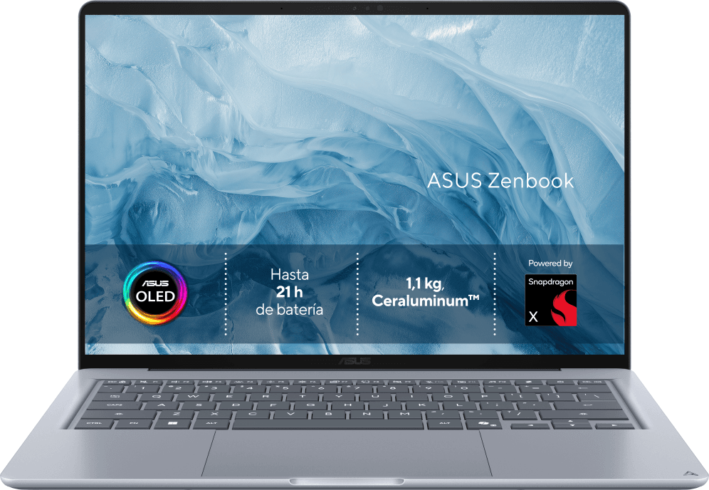 ASUS Zenbook 14 OLED UX3480QA-U1144W Copilot+ PC Copilot+ PC - Ordenador Portátil " WUXGA (Snapdragon X1-26-100, 16GB RAM, 256GB SSD, Adreno GPU, Windows 11 Home) Arctic Blue - Tec. QWERTY Esp