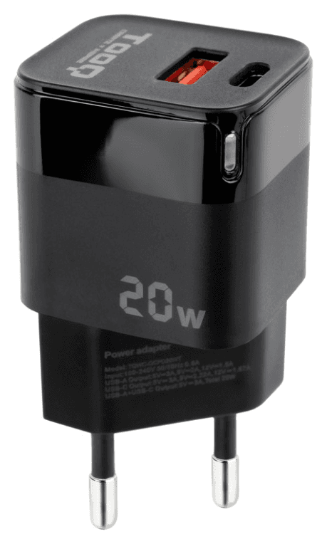 TooQ Cargador de Pared USB-C/PD + USB-A/QC 20W, Negro