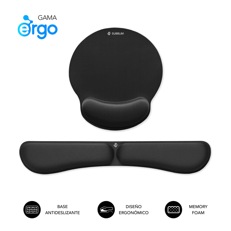 SUBBLIM Pack Alfombrilla de Ratón Ergonómica + Reposamuñecas Teclado – Espuma elástica, Superficie Microtexturizada Impermeable, Base Antideslizante, Portátil, Negro