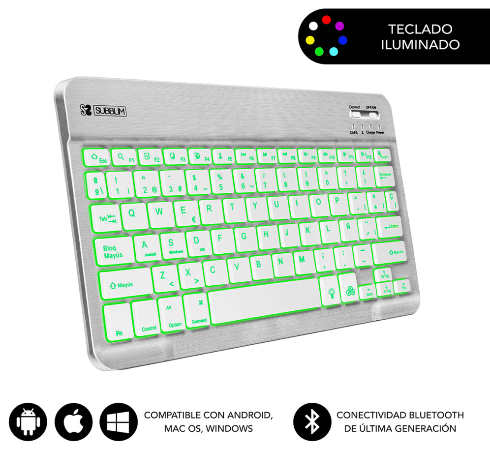 SUBBLIM Teclado Retroiluminado Bluetooth Smart Backlit BT Keyboard Silver