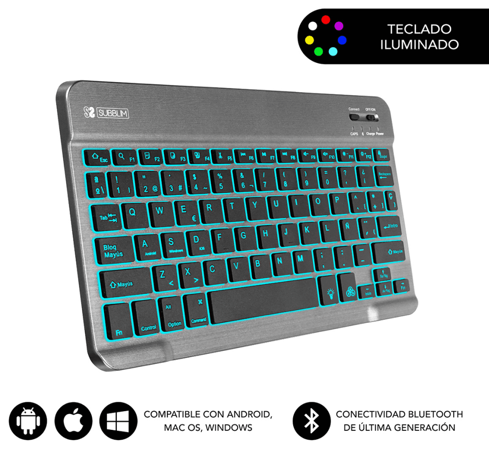SUBBLIM Teclado Retroiluminado Bluetooth Smart Backlit BT Keyboard Grey