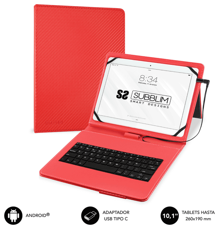SUBBLIM Funda con Teclado Micro USB - USB C KEYTAB PRO USB 10,1" Red