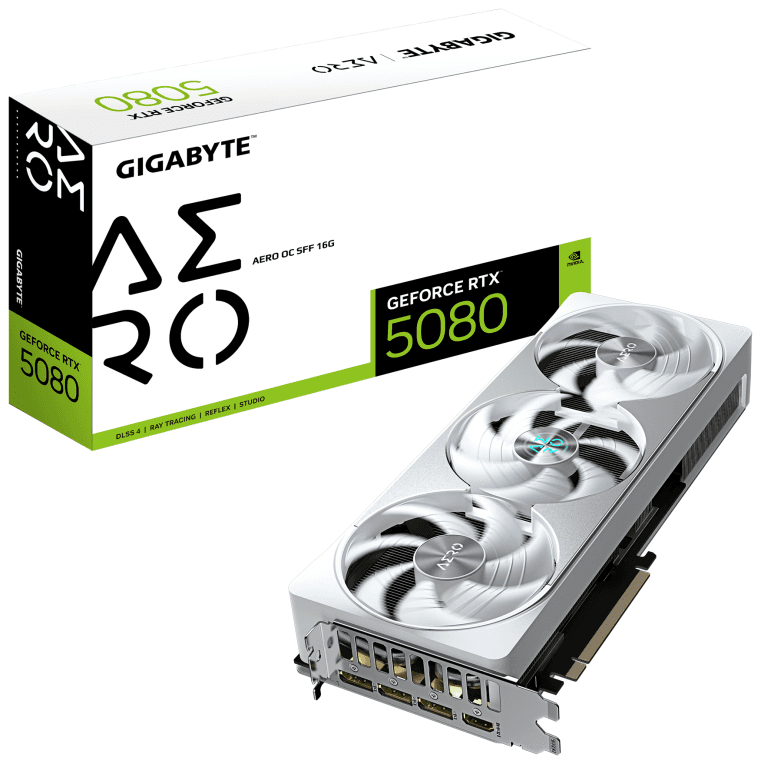 GIGABYTE GeForce RTX 5080 AERO OC SFF 16G Tarjeta Gráfica - 16GB GDDR7, 256 bits, PCI-E 5.0, 2730MHz Core Clock, 3 x DisplayPort, 1 x HDMI, GV-N5080AERO OC-16GD