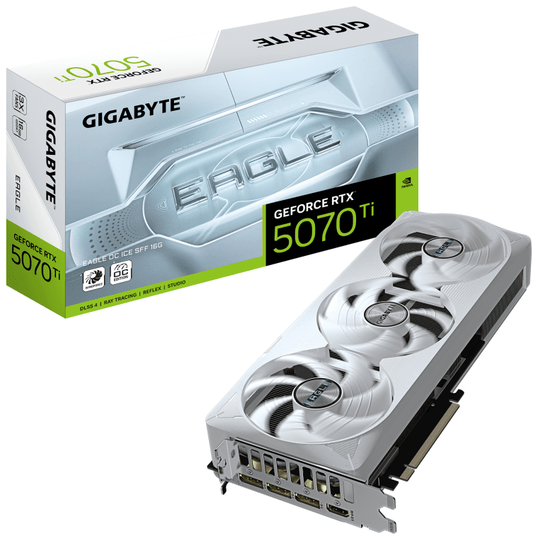 GIGABYTE GeForce RTX 5070 Ti EAGLE OC ICE SFF 16G Tarjeta Gráfica - 16GB GDDR7, 256 bits, PCI-E 5.0, 2542 MHz Core Clock, 3 x DP 2.1a, 1 x HDMI 2.1b, NVIDIA DLSS 4, GV-N507TEAGLEOC ICE-16GD
