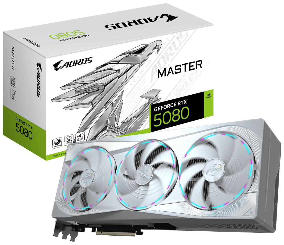 GIGABYTE AORUS GeForce RTX 5080 MASTER ICE 16G Tarjeta Gráfica - 16GB GDDR7, 256 bits, PCI-E 5.0, 2805MHz Core Clock, 3 x DP 2.1a, 1 x HDMI 2.1b, NVIDIA DLSS 4, GV-N5080AORUSM ICE-16GD