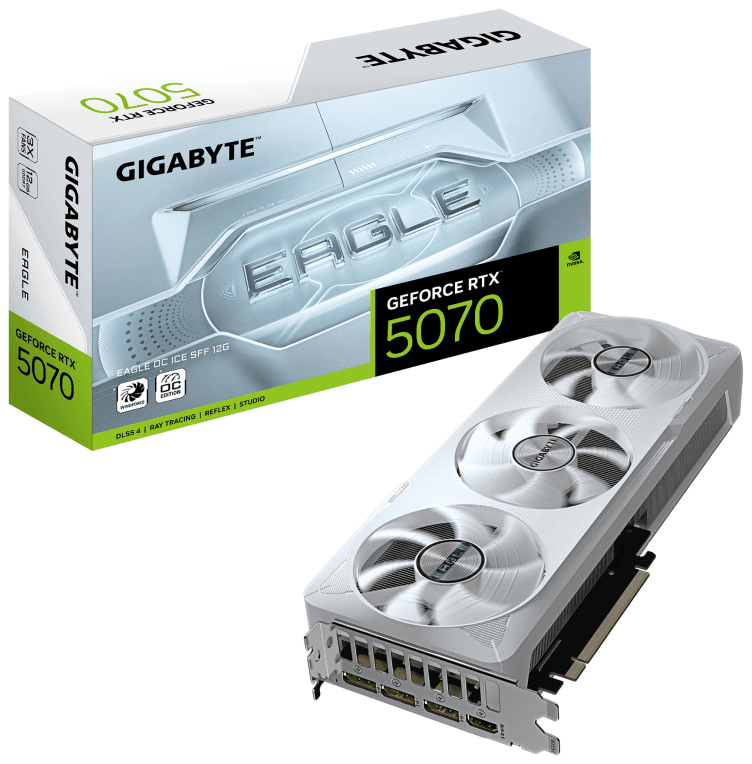 GIGABYTE GeForce RTX 5070 EAGLE OC ICE SFF 12G Tarjeta Gráfica - 12GB GDDR7, 192 bits, PCI-E 5.0, 2587 MHz Core Clock, 3 x DP 2.1a, 1 x HDMI 2.1b, NVIDIA DLSS 4, GV-N5070EAGLEOC ICE-12GD