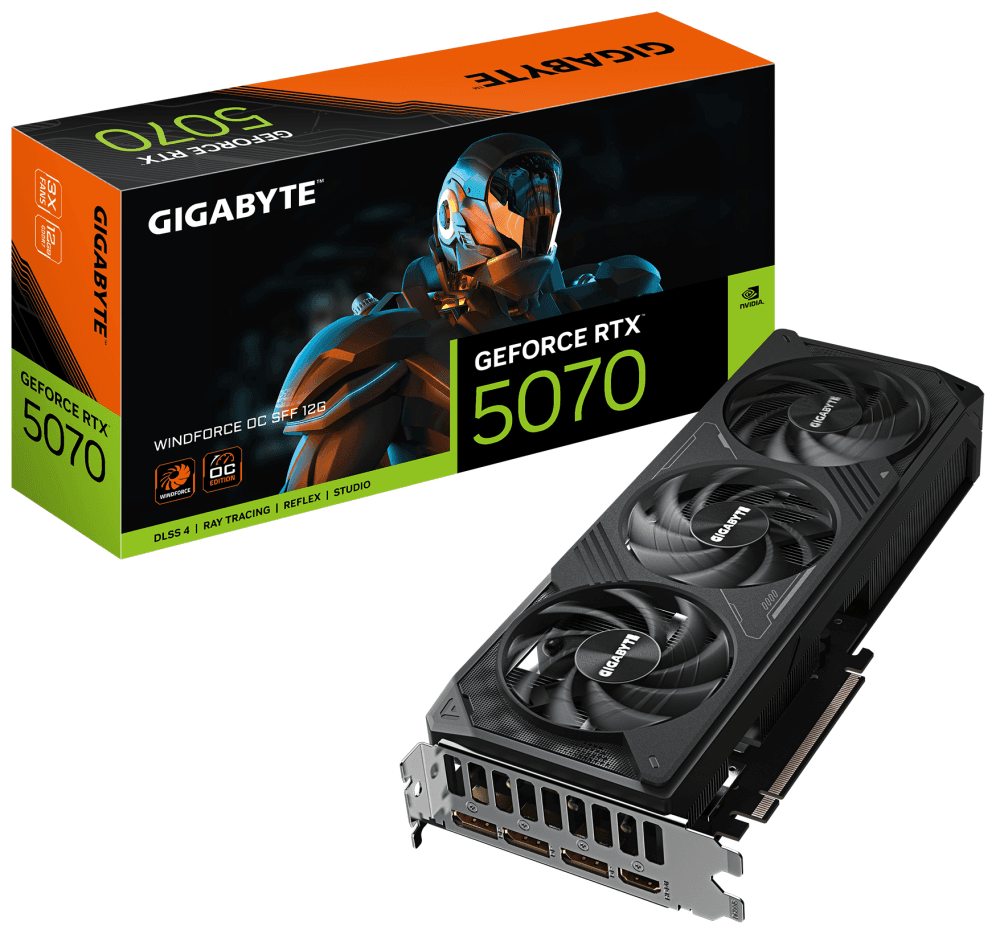 GIGABYTE GeForce RTX 5070 WINDFORCE OC SFF 12G Tarjeta Gráfica - 12GB GDDR7, 192 bits, PCI-E 5.0, 2542 MHz Core Clock, 3 x DP 2.1a, 1 x HDMI 2.1b, NVIDIA DLSS 4, GV-N5070WF3OC-12GD