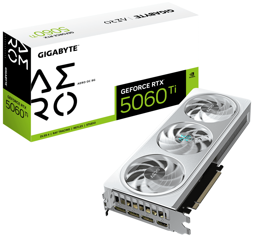 GIGABYTE GeForce RTX 5060 Ti AERO OC 8G Tarjeta Gráfica – 8 GB GDDR7, 128 bits, PCI-E 5.0, 2647 MHz Frecuencia del núcleo, 3 x DisplayPort, 1 x HDMI, GV-N506TAERO OC-8GD