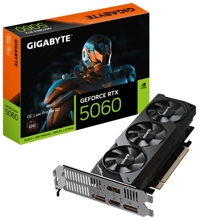 GIGABYTE GeForce RTX 5060 OC Low Profile 8G Tarjeta Gráfica - 8GB GDDR7, 128bit, PCI-E 5.0, 2512 MHz Frecuencia del núcleo, 3 x DisplayPort, 1 x HDMI, GV-N5060OC-8GL