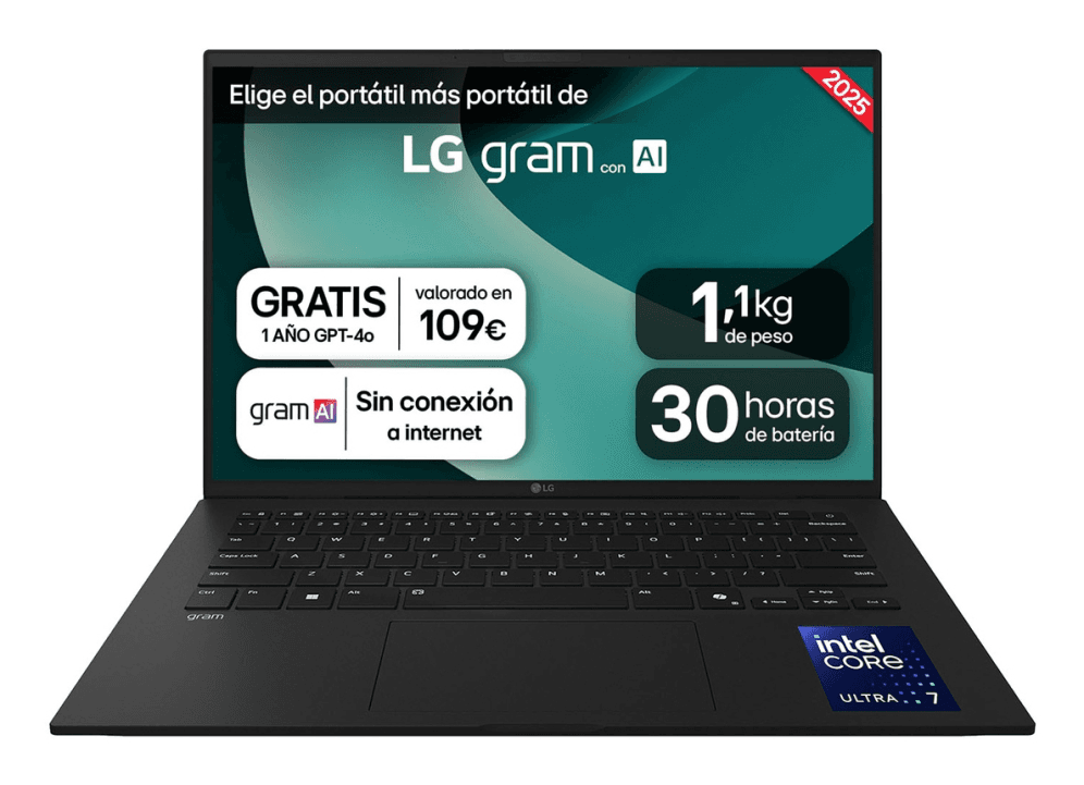 LG Gram 14Z90T-G.AD8BB ordenador portatil Intel Core Ultra 7 255H Portátil 35,6 cm (14") WUXGA 32 GB LPDDR5x-SDRAM 2 TB SSD Wi-Fi 6E (802.11ax) Windows 11 Home Español Negro