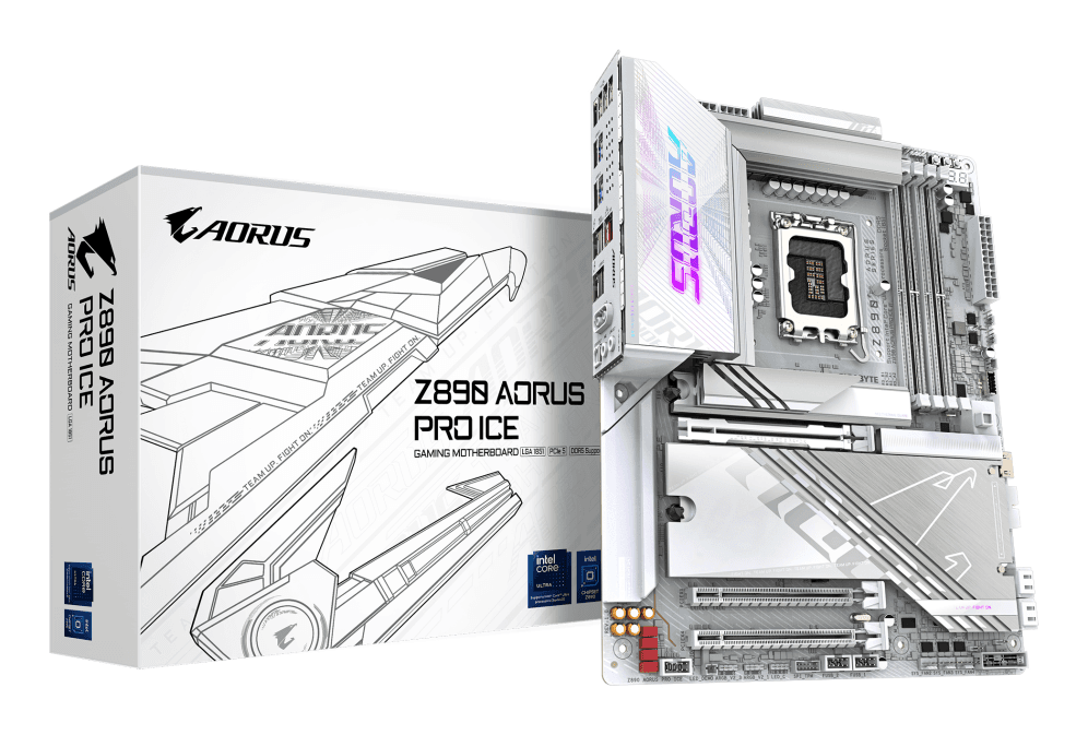 GIGABYTE Placa base Z890 AORUS PRO ICE - Compatible con CPUs Intel Core Ultra (Serie 2), VRM de 16+1+2 fases, hasta 9500MHz DDR5 (OC), 1xPCIe 5.0 + 4xPCIe 4.0, Wi-Fi 7, LAN 5GbE, Thunderbolt 4