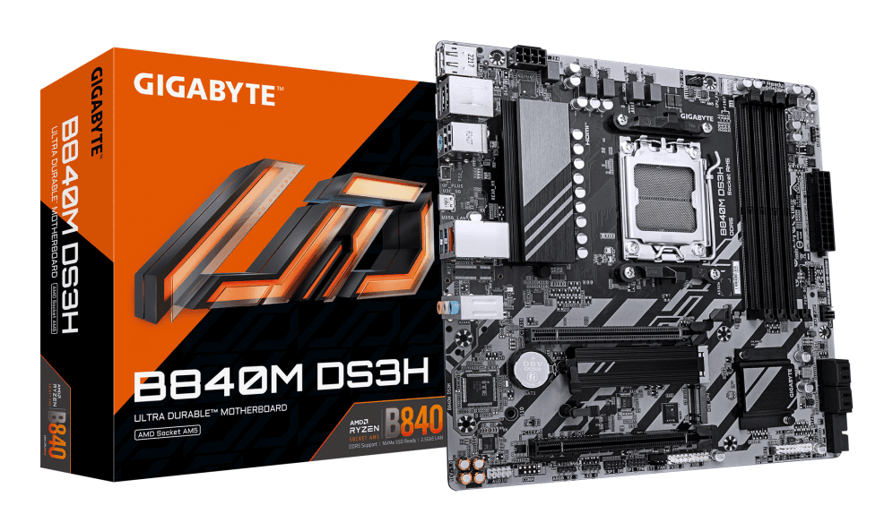 GIGABYTE B840M DS3H Placa base - Procesadores AMD Ryzen 9000, VRM de 8+2+2 fases, hasta 8200 MHz DDR5, 2xPCIe 4.0 M.2, LAN 2.5GbE, USB 3.2 Gen 1