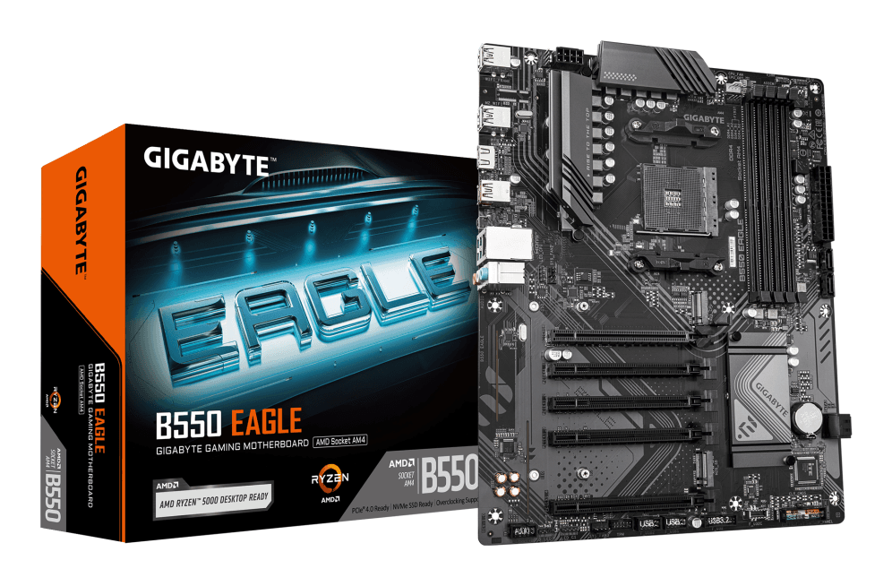 GIGABYTE B550 EAGLE Placa base - Procesadores AMD Ryzen serie 5000 G, VRM de 10+3+1 fases, hasta 3200 MHz DDR4, 1xPCIe 4.0 + 1xPCIe 3.0 M.2, LAN 1GbE, USB 3.2 Gen 2