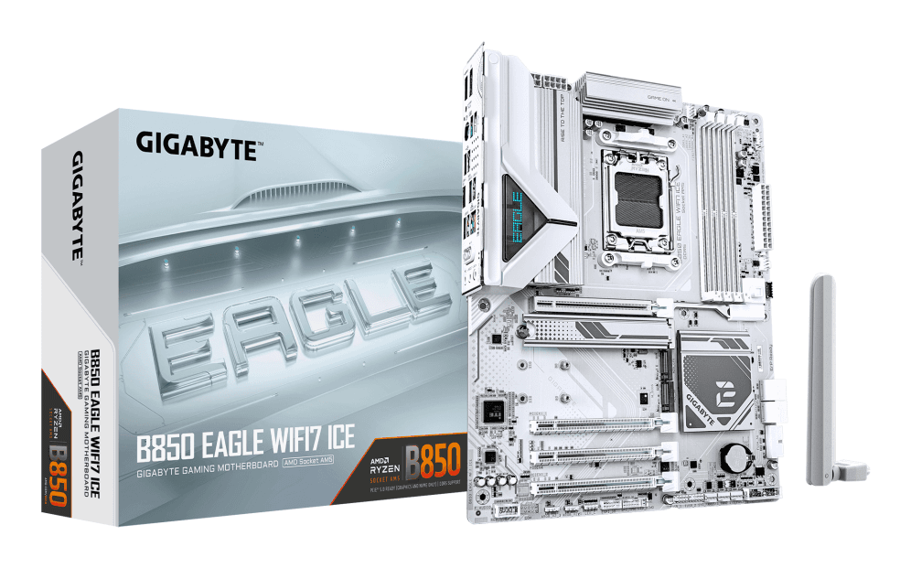 GIGABYTE B850 EAGLE WIFI7 ICE Placa base - Procesadores AMD Ryzen serie 9000, VRM digital de 8+2+2 fases, hasta 8200 MHz DDR5 (O.C.), 1x M.2 PCIe 5.0 + 2x M.2 PCIe 4.0, Wi-Fi 7, LAN 2.5 GbE, USB 3.2 Gen 2
