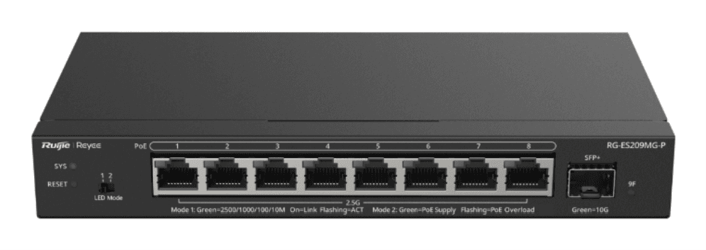 Ruijie Networks RG-ES209MG-P switch Gestionado L2 2.5G Ethernet (100/1000/2500) Energía sobre Ethernet (PoE) Negro